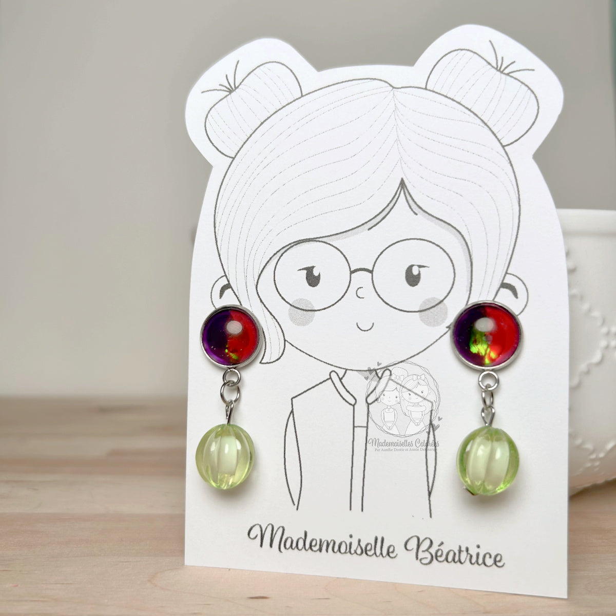 Boucles d'oreilles Pendantes verte/mauve/rouge