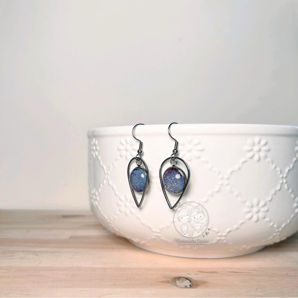 Boucles d'oreilles Pendantes gouttes bleues pailletées