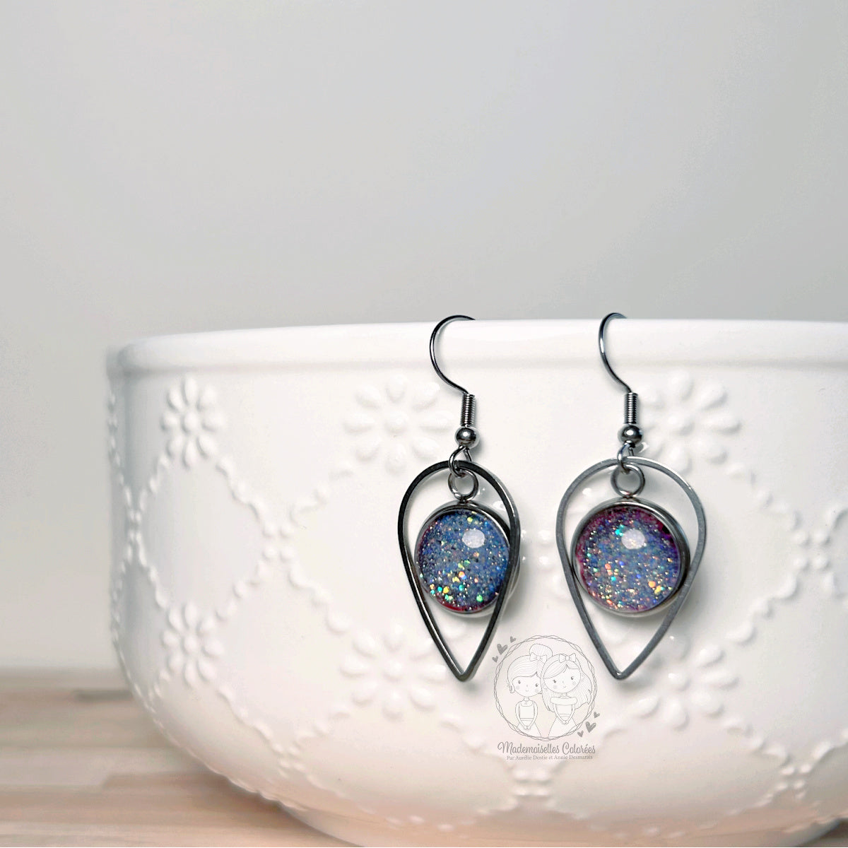 Boucles d'oreilles Pendantes gouttes bleues pailletées
