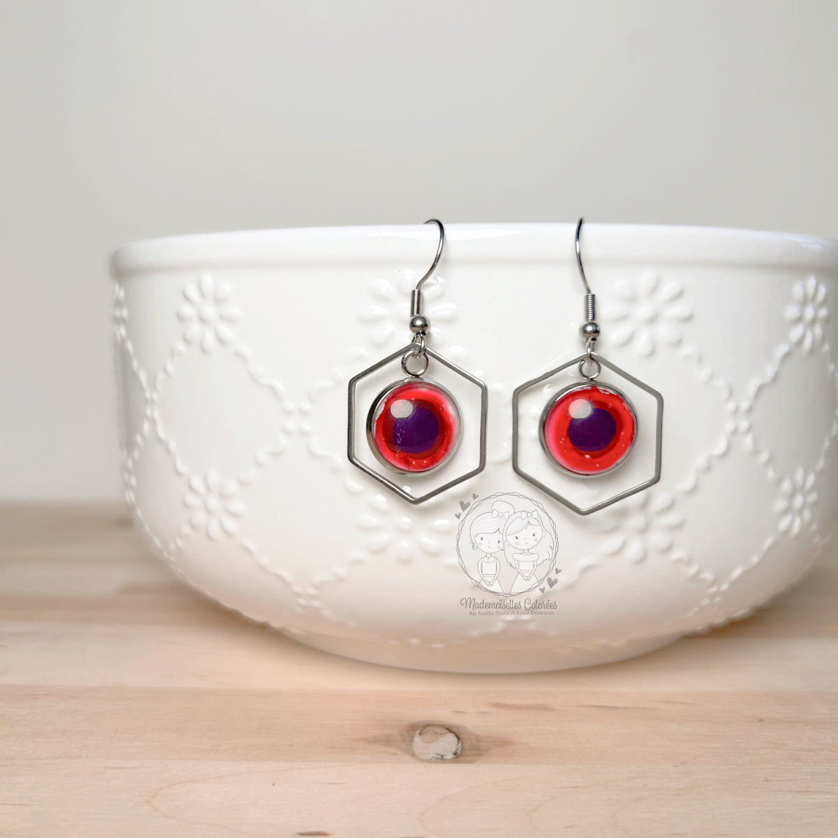 Boucles d'oreilles Pendantes Géométrique rouge/mauve